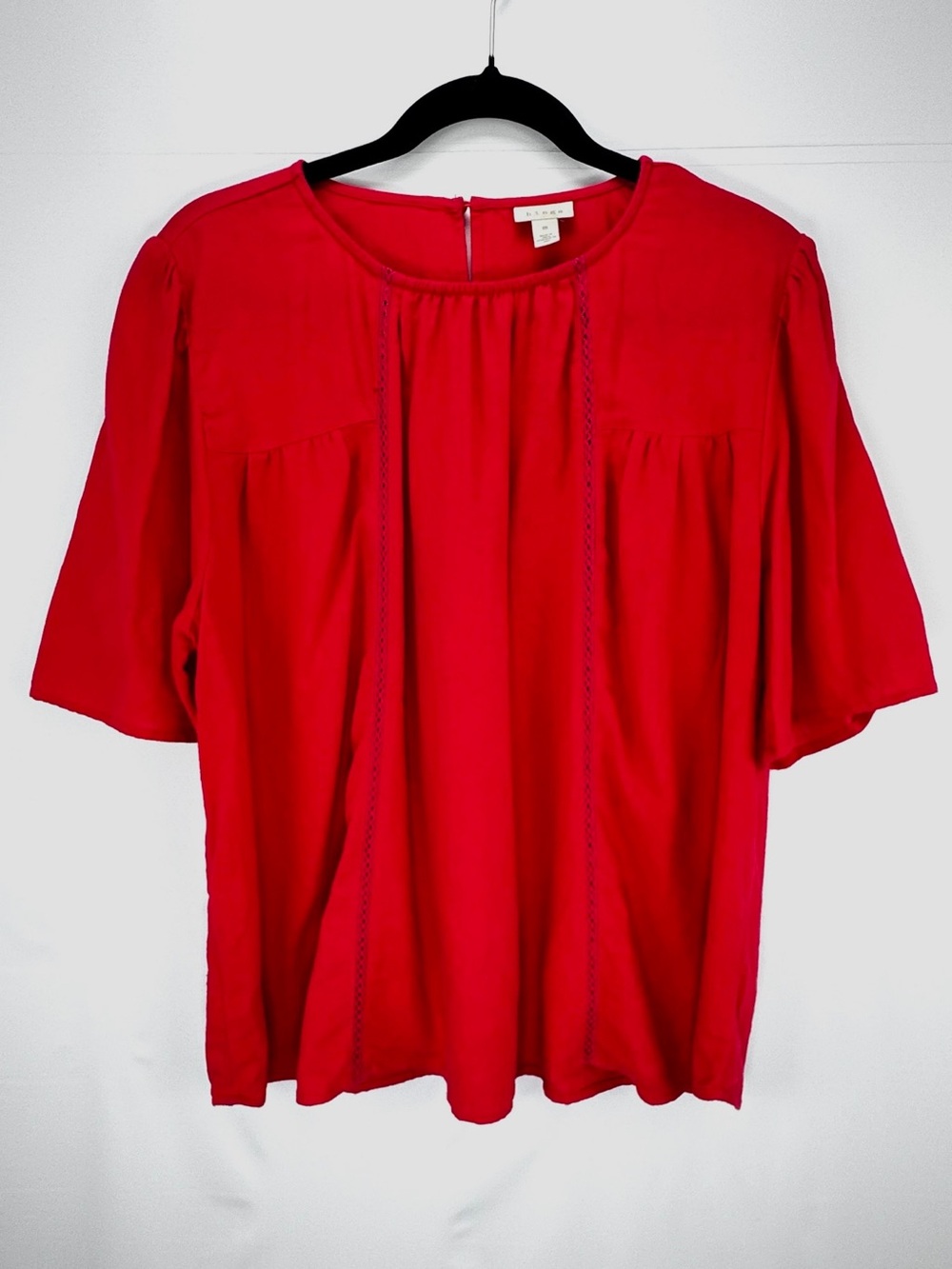 hinge Vibrant Red Short-Sleeve Peasant Blouse w/ Eyelet Detailing